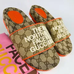 良品★GUCCI×THE NORTH FACE★グッチ×ザ ノースフェイス・コラボ レディース キャンバスレザー GGモノグラム総柄 両ブランドロゴ刺繍 スライド サンダル(37)イタリア製 ブランド レディース靴