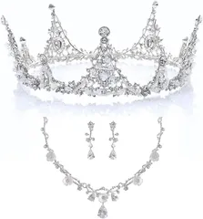 Ｕｃｃｅｌｌｉｎｏ クラウンティアラ 3点セット ネックレス ジルコニア ヘアピン付 付け方解説書付き 結婚式 パーティ コスプレ ハロウィン(シルバー,  フリーサイズ)