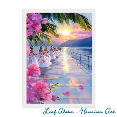 ハワイの海アート A4額付き｜サンセットフラの詩と癒しの風景 No.10 Leaf Aloha