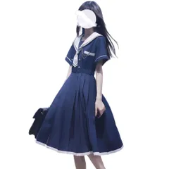 新品 [GSYCL] セーラー服 ワンピース 半袖 紺色 ホワイト 女子高生 3点セット ハロウィン 衣装 JK 制服 コスチューム ロングスカート ネクタイ ベルト ボタン 女子制服 写真 撮影 文化祭 学歳 卒業式 可愛い 森ガール