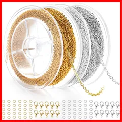 チェーン アクセサリー用チェーン 長さ約5メートル 幅1.5mm ジュエリーチェーン 小豆タイプ リングチェーン ジュエリー用 クラフト手作り用品 DIY用 ハンドメイド アクセサリーパーツ 基礎パーツ ロブスター・クラスプ10個とジャンプ・リング30個付き