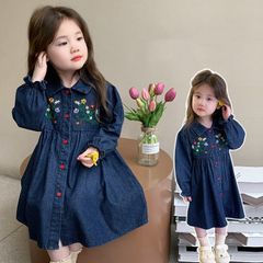 子供服 ワンピース 長袖 子供服 女の子  デニム ワンピース 花刺繍 ワンピース  キッズ 女児 小学生 キッズ 可愛い おしゃれ カジュアル   90cm 100cm 110cm 120cm 130cm  140cm jinrui18