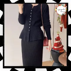 ニットセットアップ レディース 韓国 秋冬 アンサンブル ニット ペプラムカーディガン ウエストマーク ニットトップス リブニット スカート スリット ロングスカート 着やせ きれいめ ワンピース風セット 入学式 入園式 お洒落 裾フレア 3BIJIN-006