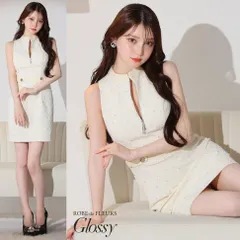 【ROBE de FLEURS Glossy / ローブドフルールグロッシー】フロントジッパー×ビジューリブノースリーブミニキャバドレス GL3554