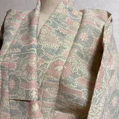 き39○ 白系　単　着物　花柄　モダン 夏物　アンティーク、着物リメイク素材