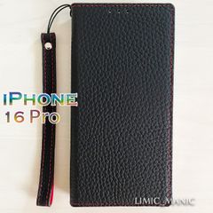 iPhone 16 Pro 手帳型 スマホ ケース マグネット 本革 レザー 磁石 マグネット式 ブラック 黒色 黒 アイフォン