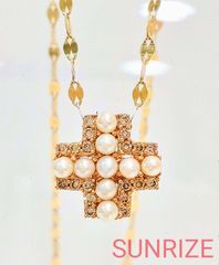 K18 パール ダイヤモンド クロス ネックレス【T85】