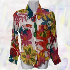 CHE ES SAADA　ブラウス　オレンジ×ホワイト　レディース　シャツ　花柄　ビビッド　鮮やか　長袖　ポケット　透け感　シアー