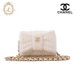 CHANEL シャネル ミニマトラッセ   チェーンショルダー　リボン　 ツイード　白（ゴールド金具）ショルダーバッグ  レディースバッグ ハイブランド【中古】【送料無料】