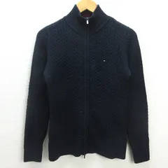 H■トミーヒルフィガー/TOMMY HILFIGER ケーブル編み フルジップニットセーター【L】紺/LADIES■23【中古】