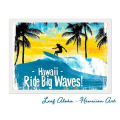 ハワイの海アート A4額付き｜Ride Big Waves! サーファーと波の躍動 No.04 Leaf Aloha