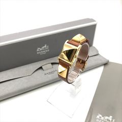 超美品 HERMES エルメス メドール QZ クオーツ ホワイト文字盤 腕時計 ウォッチ レディース レザー ブラウン ゴールド 箱付き m14265