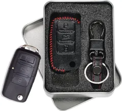 送料無料　新品未使用　volkswagen フォルクスワーゲン 専用 高級 レザー 革　スマートキーケース キーカバー スタイリッシュ 汚れ 滑り 傷 防止 GOLF POLO　ゴルフ　ポロ　キーホルダー　黒赤　ブラックA
