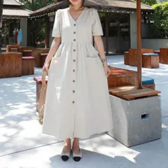 ワンピース シャツワンピ ロング丈 袖あり 半袖 Vネック フロントボタン かわいい 大人可愛い きれいめ シンプル カジュアル 大人 上品 おしゃれ レトロ 大人女子 こなれ感 ラフ 春 夏 10代 20代 30代 40代 女性用 オフィス 学生 デート お