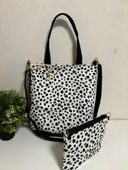 【裁縫ストア・ボヌール】大人かわいい　ダルメシアン柄　縦長ビッグサイズ　トートバック　ポーチ/サコッシュ　帆布　ハンドメイド　ショルダーストラップ付き　ゴージャス / №500-176