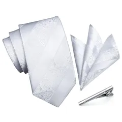 [HISDERN] ネクタイ 白 結婚式 チーフ メンズ ビジネス ハンカチ おしゃれ ネクタイネ 3点セット クリップ 高級 礼服 メンズ セット