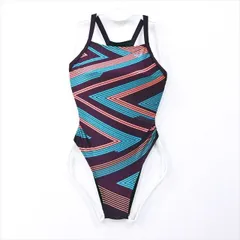 ●SE3P09☆新品同様 美品 arenaアリーナ競泳水着 Mサイズ 黒紫ピンク青 階段ボーダー調 ぴたぴた オープンバック レディース 練習用水着 フィットネスジムプール ワンピース■