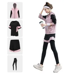 ☆ ピンク ☆ XLサイズ ☆ スポーツスウェア4点セット レディース 体型カバー スポーツウェア レディース セット 半袖Ｔシャツ アウター レギンス ショートパンツ ヨガウェア ランニングウェア フィットネスウェア トレーニングウェア 通気性 速乾性