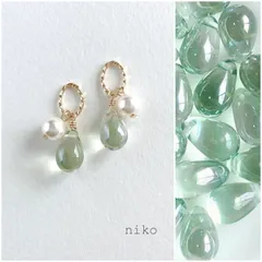 ◆ 331 グリーンラスター しずく ガラス パール ピアス イヤリング ◆ 再販 人気 上品 小ぶり プチプラ シンプル ハンドメイド グリーン 緑