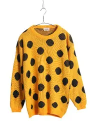 【お得なクーポン配布中!】 80s USA製 ドット デザイン ニット セーター レディース L / ヴィンテージ アクリル 長袖ニット ゆったり ツートン ブラック イエロー 水玉