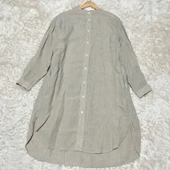 【美品】Gymphlex　リネン100% ストライプ バンドカラー シャツワンピース　サイズ12　サイドスリット　French Linen　ロゴ刺繍　胸ポケット　羽織り　マキシ