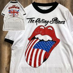 BJKK リンガー Tシャツ ビンテージ 古着 白 黒 ローリングストーンズ ROLLING STONES リップスアンドタン 星条旗 国旗 バンド Lサイズ 2503  2980 p10