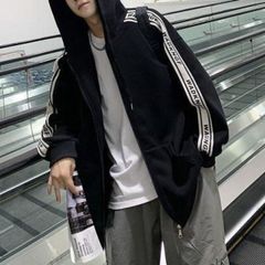 韓国 メンズ 秋冬 袖ロゴ ジップ パーカー 長袖 ブラック 大人気