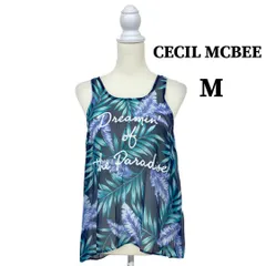 M【超美品】【 CECIL McBEE （ セシルマクビー ）】ボタニカルプリント タンクトップ Mサイズ 深ネイビー×グリーン×パープル 英字ロゴ シフォン 軽量 夏 コーデ リゾート カジュアル デイリー KKB-8