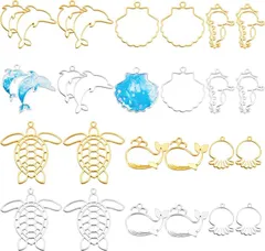 OLYCRAFT 24個 レジン枠 レジン空枠 海洋テーマ 動物空枠 レジンフレーム 手作り 手芸 DIY ハンドメイド 素材 アクセサリーパーツ ゴールド シルバー( 海洋動物)