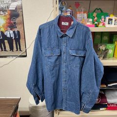 良品 L.L.BEAN エルエルビーン 長袖 デニム シャツ シャツジャケット 無地×チェック ブルー  アメカジ USA製 BIGサイズ オーバサイズで着てもOK