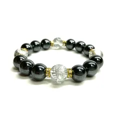 12mm 四神獣銀彫水晶×ヘマタイト パワーストーン ブレスレット天然石 運気上昇 開運  [l] 健康運 厄払い お守り 青龍 白虎 玄武 朱雀 （ゴールド）メンズ・レディース　男性・女性　数珠ブレス　開運  [l] 