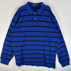 古着 90's/90年代 ポロバイラルフローレン Polo by Ralph Lauren 鹿の子 長袖 ポロシャツ ワンポイント ロゴ 刺繍 大きいサイズ 2ボタン XXL  ブルー系 ボーダー メンズ