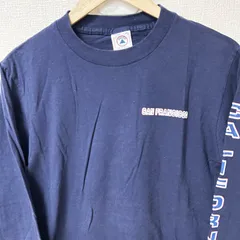 (^w^)b 90s ビンテージ！！ DELTA デルタ クルーネック 長袖Tシャツ 袖プリント ロンＴ コットン 綿100% ロゴプリント SAN FRANCISCO CALIFORNIA シンプル 無地 アメカジ 古着MIX ネイビー 紺 メンズ サイズSのサムネイル