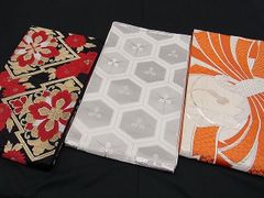 平和屋野田店■袋帯　まとめて3点セット　全て正絹　唐織　花柄　亀甲　束ね熨斗　金銀糸　n-kkk0017