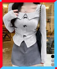 新品 リボンニットトップス スクエアネック秋服 韓国風ニットウェア きれいめニット大人 ニットソー お洒落
