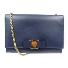 美品 サルヴァトーレフェラガモ ヴァラ AU-22/B558 レザー ゴールド金具 ネイビー チェーン ショルダーバッグ 0662 Salvatore Ferragamo