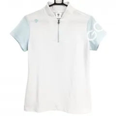 【超美品】デサントゴルフ 半袖ハイネックシャツ 白×ライトブルー ハーフジップ 肩ロゴ 中田英寿  レディース L ゴルフウェア DESCENTE