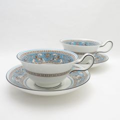 美品 WEDGWOOD ウェッジウッド フロレンティーンターコイズ ティーカップ＆ソーサー 2客 ピオニー ペア 壺ロゴ SY9940J 