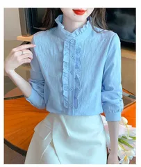 ブラウス レディース フリルシャツ スタンドカラー フリル 立ち襟 2type 長袖トップス シャツ 体型カバー 春 秋 オフィス 無地 シンプル FJEH534