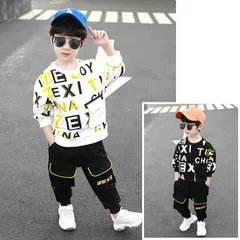 子供服 キッズ 男の子 セットアップ 上下セット スウェット+パンツ 2点セットフード付き 長袖 幼児 セットアップ 春服 プリント ファッション ホワイト ブラック#oneleaf7855
