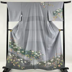 お得用訪問着 名品 紬地 ススキ 萩 ぼかし 青灰色 薄物 159cm 64cm M 正絹 ☆☆☆☆ 仕立て上がり