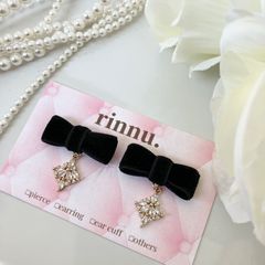 【87】rinnu ベロア　リボン　ジルコニア　アクセサリー　イヤリング