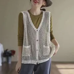 かぎ編み ベスト レディース カーディガン 綿 ニットベスト 春夏 クロシェ編み トップス 透かし編み レースベスト 羽織り レイヤードニット
