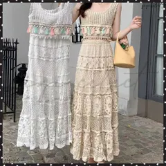 送料無料  クロシェ編みセットアップ ボヘミアン夏服透かし編みビスチェ ロングスカート レディース サマーニット2点セットフリンジタンクトップ フレアスカート ビーチウェア南国旅行服 沖縄服 かぎ編みニット夏海 大人可愛いリゾート