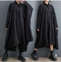 LOHEN バンドカラー ロングシャツワンピース ブラック 春夏 洗える