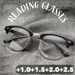 【+1.0+1.5+2.0+2.5】 老眼鏡 メガネ眼鏡 メンズレディース 男性女性 ハーフリム 黒 ブラック レトロ クラシック ビンテージ 金縁ゴールドメタル ウェリントンボストン おしゃれブルーライト PCパソコン UV紫外線 TR90 シニアグラス軽量