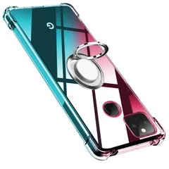 【在庫セール】Pixel 5 ケース リング クリア TPU シリコン リング付き薄型 グラデーション色 Google ケース 軽量シリコン 耐衝撃 指紋防止 車載ホルダー対応 360回転 一体型 人気 携帯カバー(ピンクグリーン)