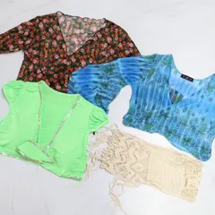 【ベリーダンス衣装 まとめ売り】チョリ トップス スカーフ 全4点セット 水色 花柄 黄緑 アイボリー ラメ レース レッスン着