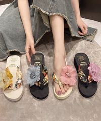  ビーチサンダル 花飾りトングサンダル厚底 歩きやすいスリッパ 水遊び美脚サンダル 大人可愛いサンダル