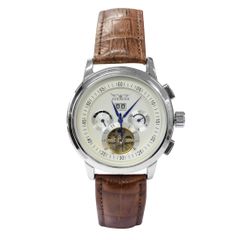 自動巻き腕時計 メンズ腕時計 マルチカレンダー トリプルカレンダー デイデイト 日付表示 レザーベルト 男性用 シルバーホワイト